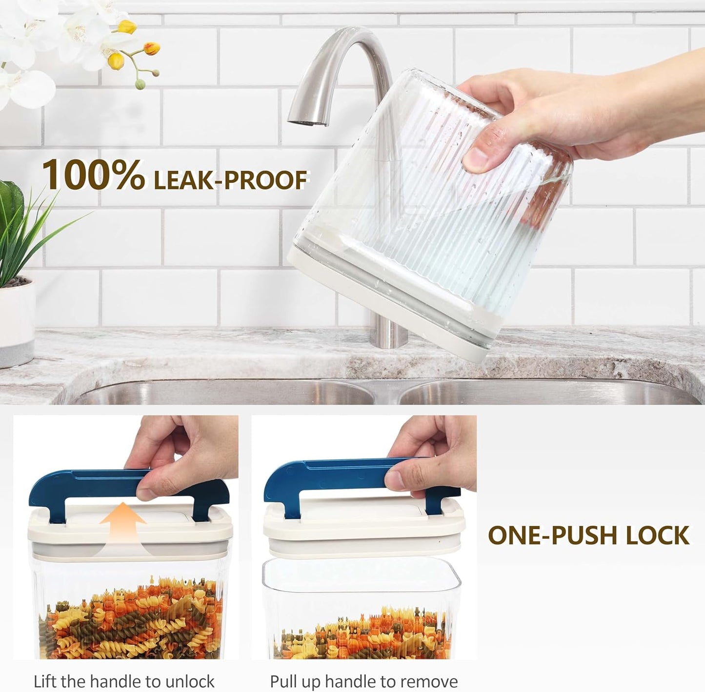 Flip-Lock Airtight Food Storage Containers 4-PC (0.6 Qt*2+1.6 Qt+3.4 Qt), Leakproof Ring Seal Top, Anti-Slip Plastic Pantry Canister for Flour Sugar,Cereal,Coffee,Dog Treat, White