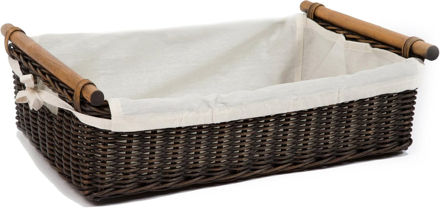 The Basket Lady Low Pole Handle Wicker Storage Basket, Large, 19.5 in L x 12.5 in W x 6 in H, Antique Walnut Brown