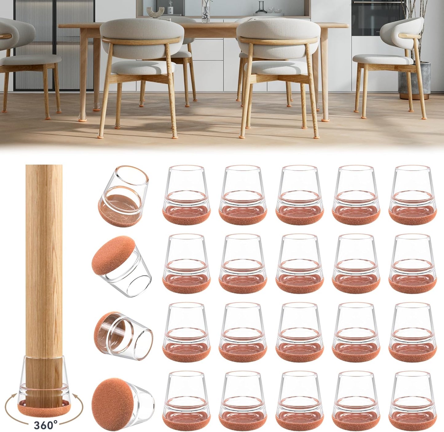 24PCS Extra Small Chair Leg Floor Protectors for Hardwood Floors, Furniture Sliders for Chair Legs, 360°Felt Pad Bottom Wrapped Thickening Furniture Pads Cap Covers to Scratch and Reduce Noise
