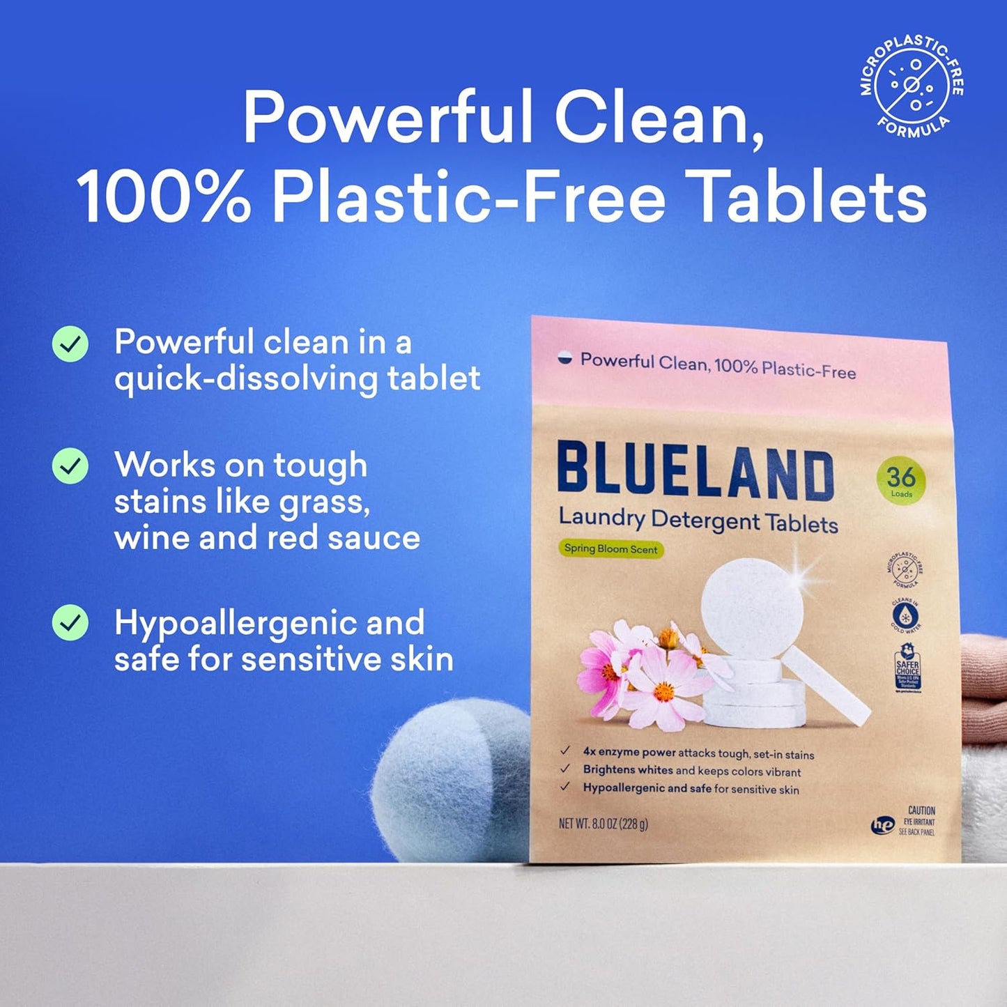 BLUELAND Laundry Detergent Tablets, 60 Count, Spring Bloom Scent, Plastic-Free Eco-Friendly Pods, Sheets, Liquid Alternative - Safe for Sensitive Skin, Gentle