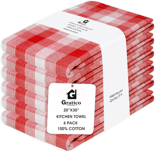 Christmas Kitchen Towels Set of 6 Red/White Checks, Reusable Cotton 20X30 Inches Dish Towel Highly Absorbent Premium Quality Ultra Soft Mitered Corners Kitchen Towels
