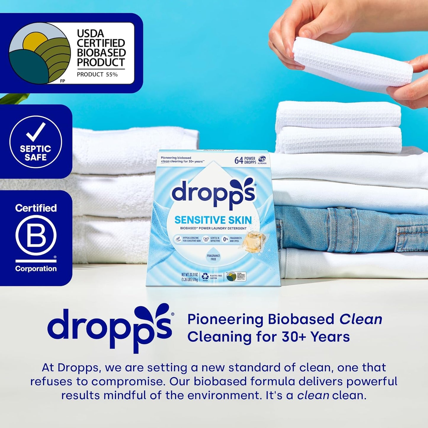 Dropps Sensitive Skin Laundry Detergent Pods, Unscented (64 Count) - Dermatologist Tested Laundry Pods - HE Compatible Laundry Supplies for Clean Clothes, Vegan & Dye-Free