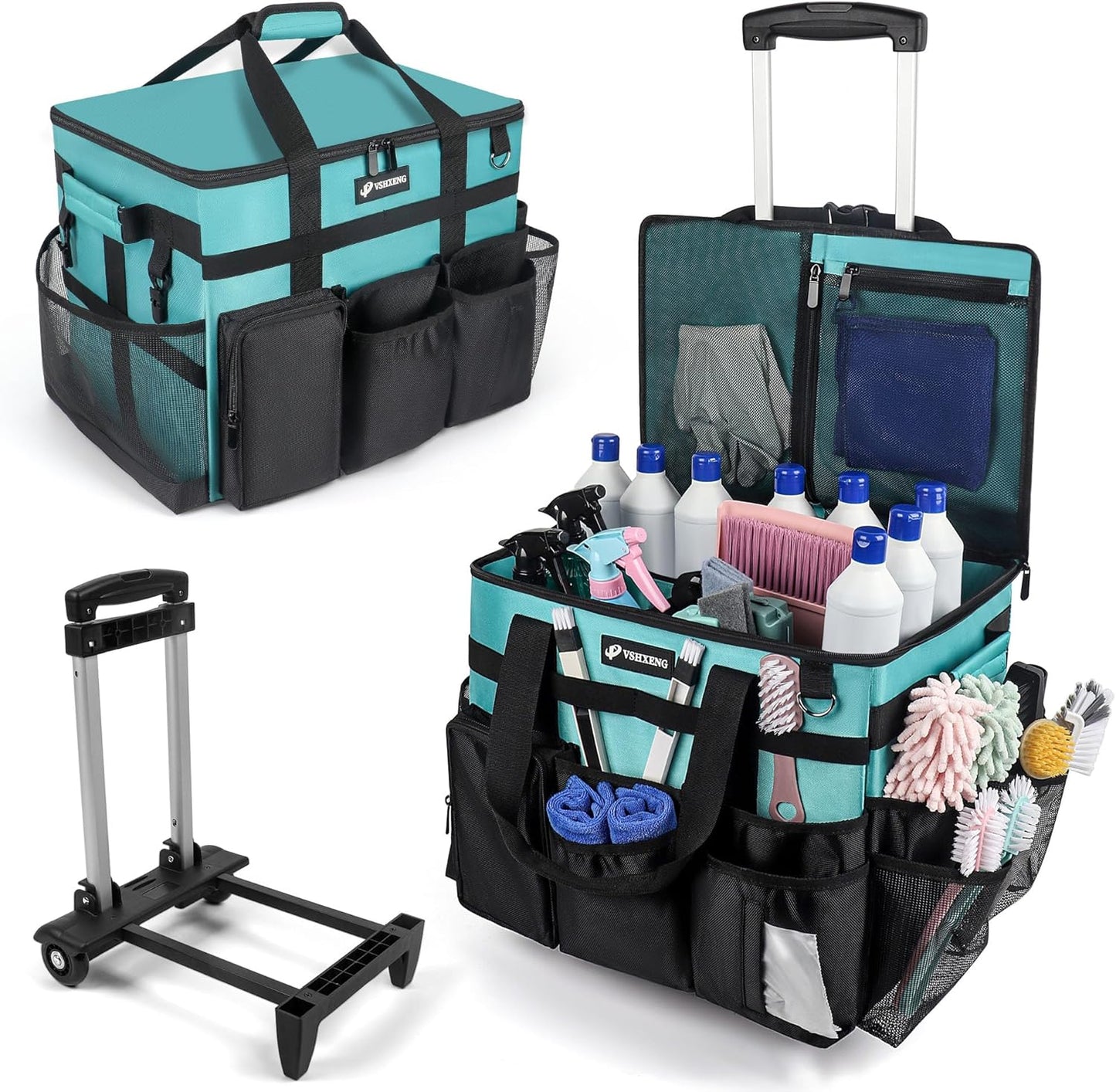 Rolling Cleaning Caddy Bag with Wheels, Large Cleaning Cart Detachable Trolley, Cleaning Bags for Housekeepers With Shoulder Strap & Multi Pockets for Cleaning Tools Storage (Amber Green)