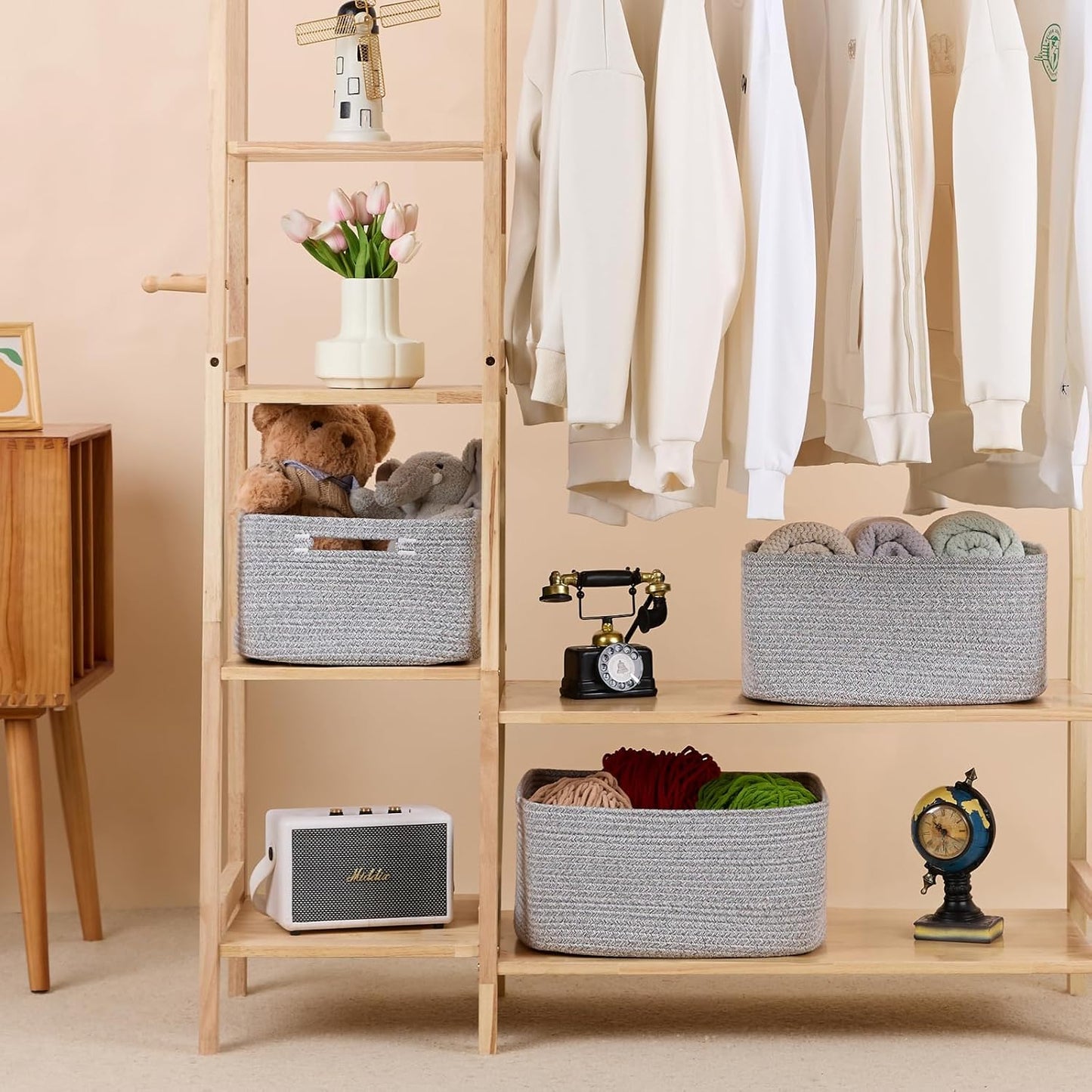 Large Storage Baskets for Shelves, Closet Organizers Bins for Clothes Blanket Towels, Baby Nursery, Toy Baskets Box, Woven Rope Baskets, 17 x 13 x 7.5”, 3 Packs Mixed Grey