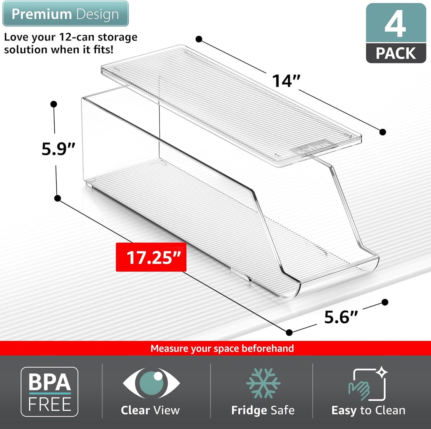 Sorbus Soda Can Organizer for Refrigerator – Stackable Can Dispenser with Lid for Fridge, Pantry, or Freezer – Holds 12 Cans Each, BPA-Free Clear Drink Organizer (4-Pack)
