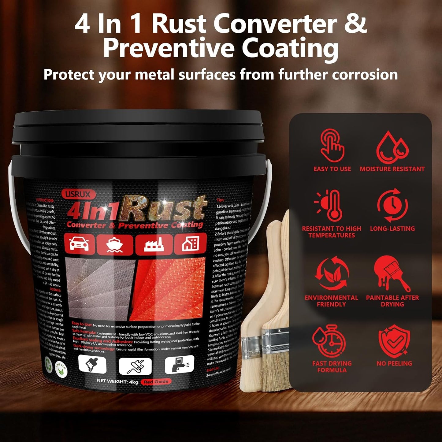 4-in-1 Rust Converter & Metal Primer, 141 Fl OZ Red Rust Inhibitor Paint for Metal, Remove & Convert Rust And Also Protect, Industrial Grade Water Based Rust Reformer, Heat Resistance & UV Resistant