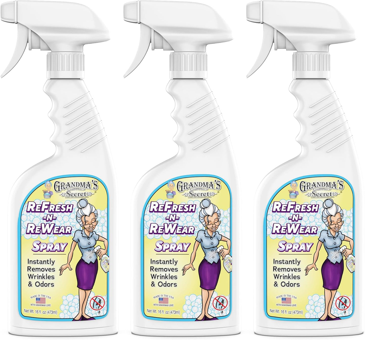Grandma's Secret Refresh N ReWear Spray - Instantly Removes Wrinkles & Odors - Wrinkle Release, Fabric Refresher Spray, Chlorine, Bleach and Toxin-Free - 16 Ounce, 3 Pack