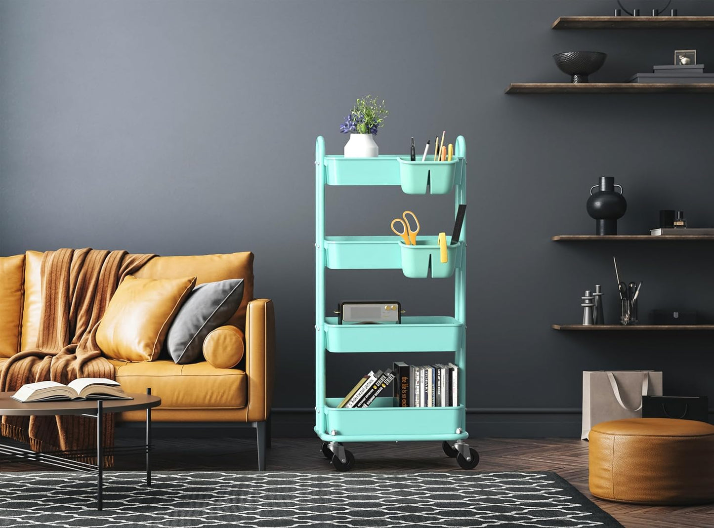 Simple Houseware 4-Tier Multifunctional Rolling Utility Cart with Hanging Buckets, Turquoise