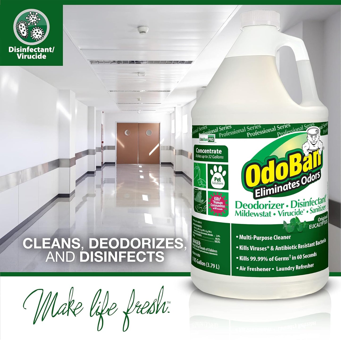 OdoBan Professional Disinfectant and Odor Eliminator Concentrate, Made in the USA, Original Eucalyptus Scent, 4-Pack, 1 Gallon Each