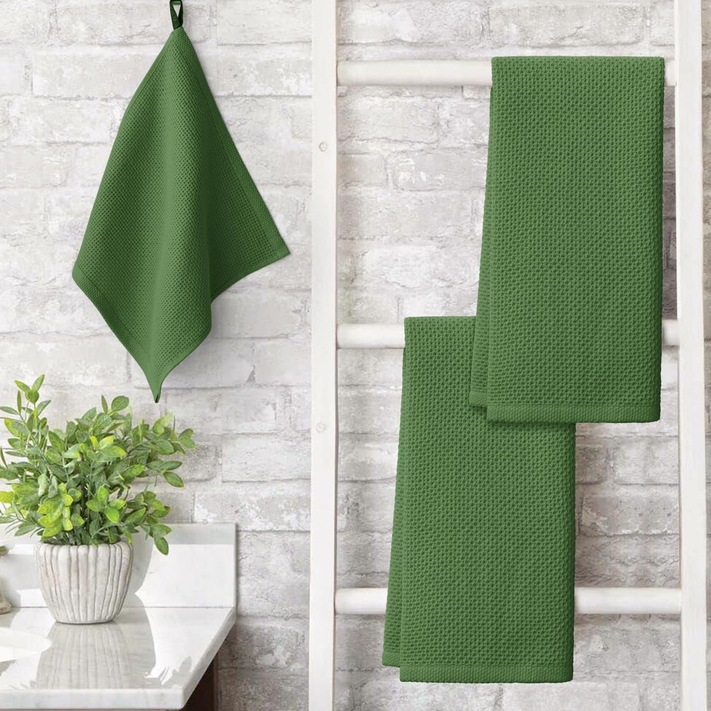 Artoid Mode 100% Cotton Olive Green Waffle Weave Kitchen Dish Cloths, 13x28 Inch Ultra Soft Absorbent Quick Drying Kitchen Dish Towels Set of 4