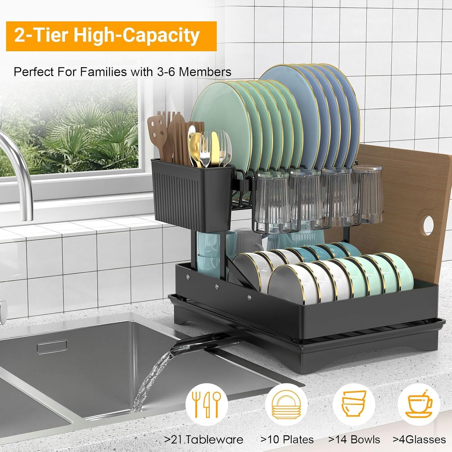 Extendable Dish Racks 16.3"-21.6" L x 16.7" W,Stainless Steel Dish Drying Rack for Kitchien Counter, Anti-Rust Dish Strainer with Cutlery Holder