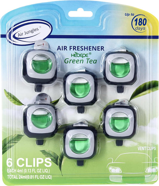 Air Jungles Green Tea Scent Car Air Freshener Clip, 6 Vent Clips, 4ml Each, Long Lasting Air Freshener, Up to 180 Days Car Refresher Odor Eliminator