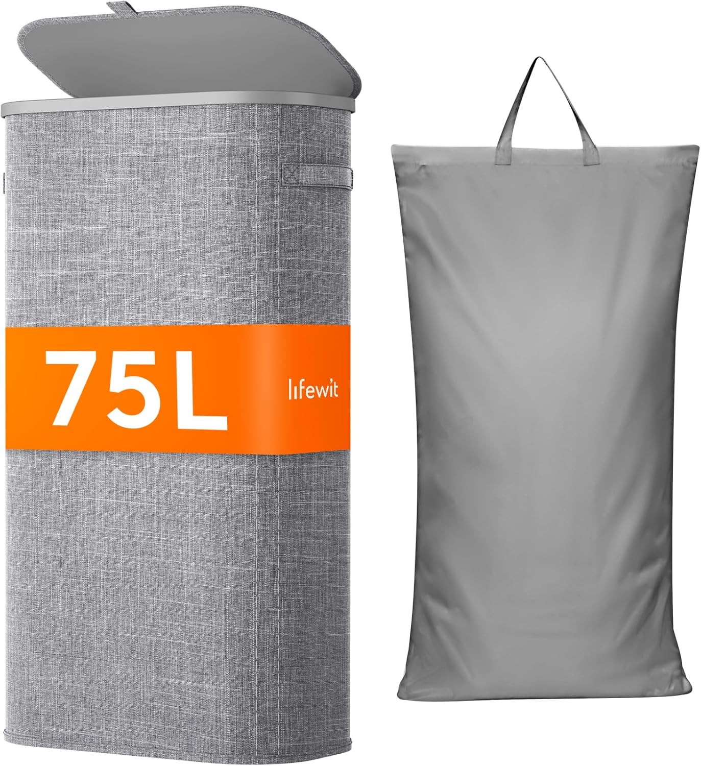 Lifewit 75L Slim Laundry Basket with Lid, Narrow Large Laundry Hamper with Plastic Handles and Removable Bag, Tall Foldable Dirty Clothes Hampers for Laundry Room, Bedroom, Bathroom, Dorm, Gray