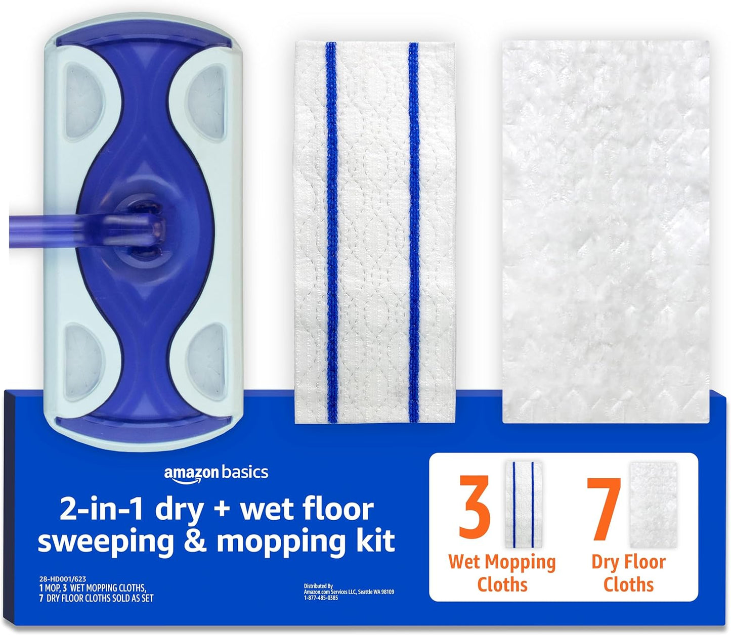 Amazon Basics Wet & Dry Sweeper Kit (1 Sweeper Handle, 7 Heavy Duty Dry Cloths, 3 Wet Floor Cloths) Pack of 1