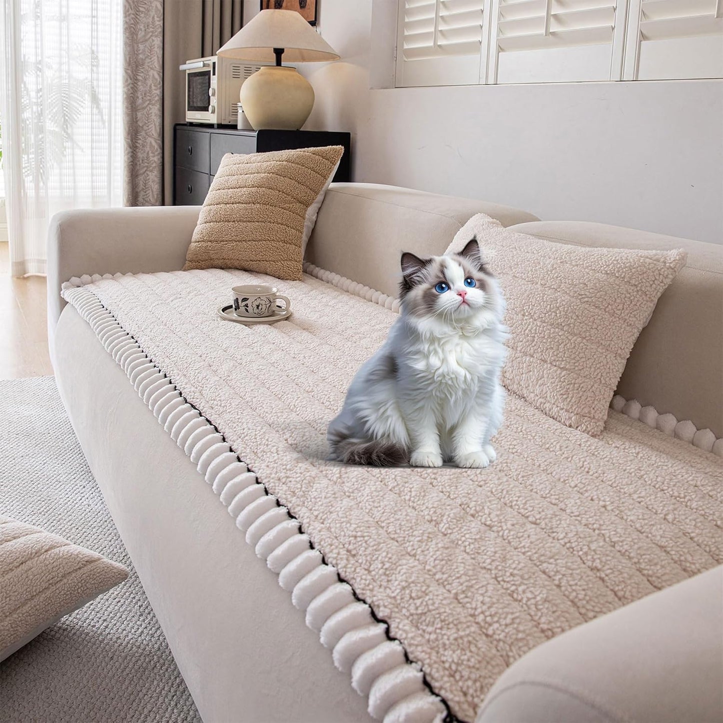 OTOB Couch Cover for Dogs Washable, Non Slip Plush Fuzzy Sofa Covers for 3 Cushion Couch All Seasons, Kids Pet Friendly Soft Cozy Furniture Protector Sofa Slipcovers (Beige, 27.6" x 82.7")