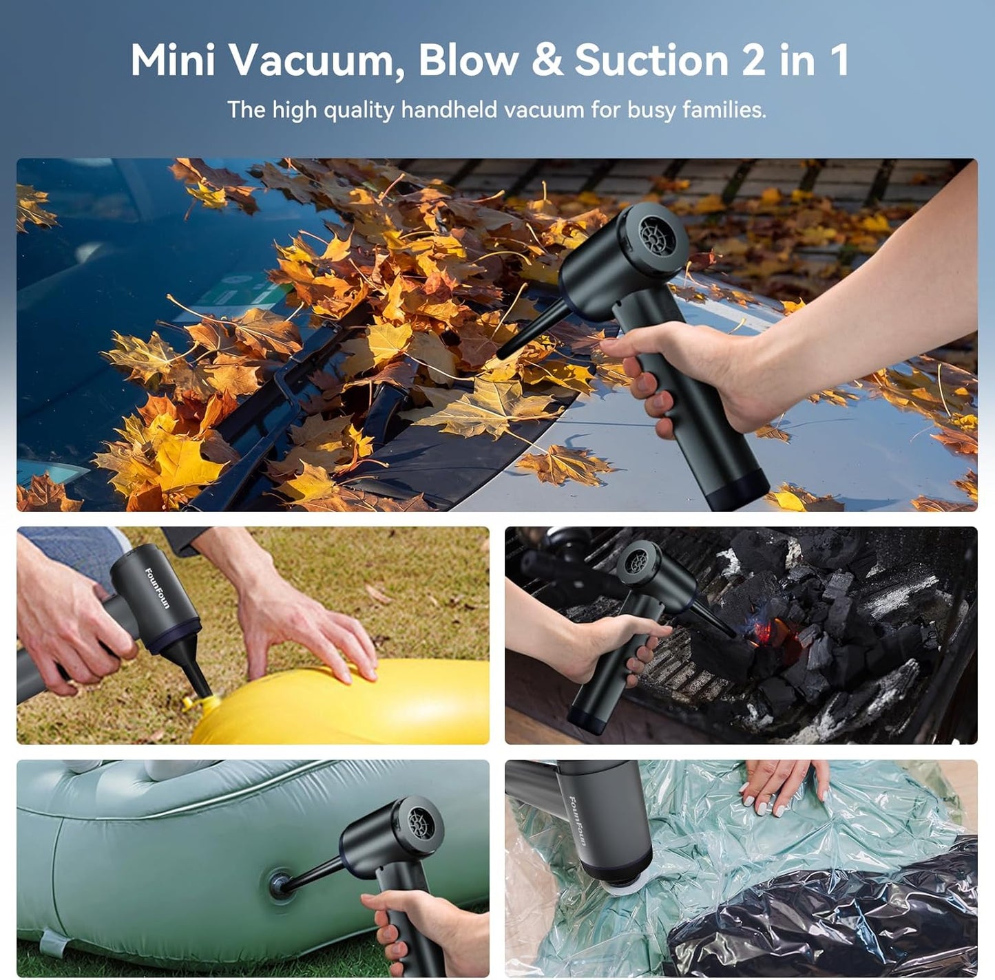 FOUNFOUN Handheld Vacuum Cordless, Portable Car Vacuum, High Power Cleaner for Pet Hair/Car/Home, Suction & Blow 2 in 1, 17-30 Min Run Time, Small Lightweight Gadget, Type-C Rechargeable