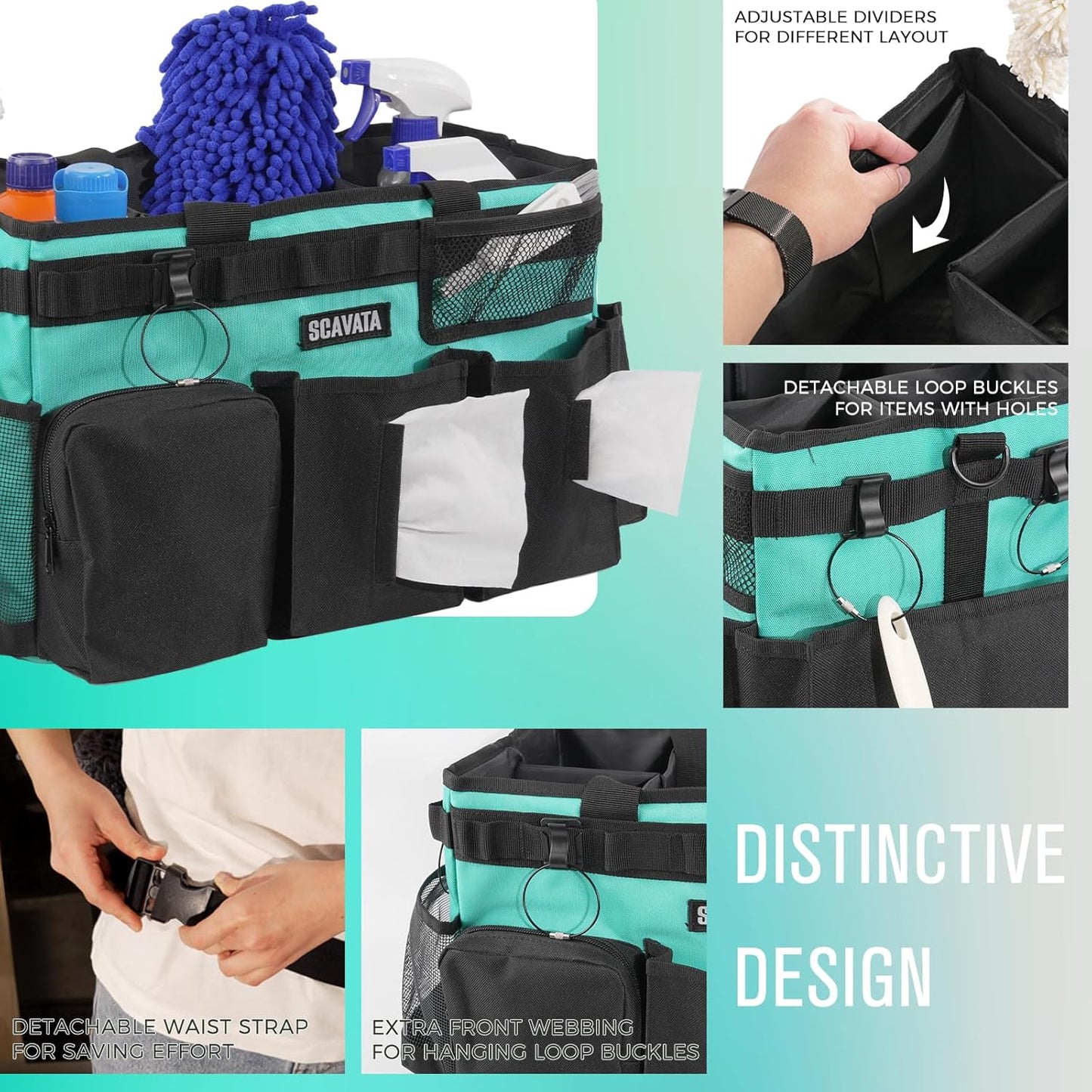 Wearable Cleaning Caddy Bag, Cleaning Caddy Supplies Organizer with Handle & Shoulder Straps for Housekeepers, Under Sink & Car Cleaning Tool Organizers with 4 Foldable Divider (Lake Blue)