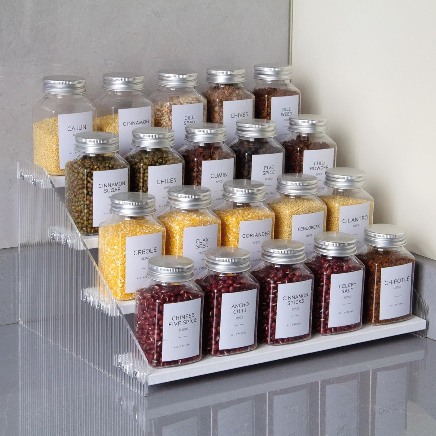 nianfeng Tiered Spice Rack, 4-Tier Spice Pantry Kitchen Cabinet Organizer, 12-Inch, Natural Wood Acrylic Stair Riser Stand, Countertop Seasoning Shelf (White)