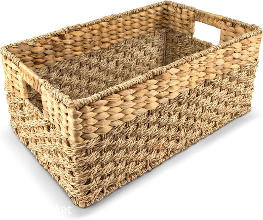 Medium Wicker Basket for Storage, Natural, Seagrass and Hyacinth Woven Baskets for Décor with Built-In Handles, Rectangular, Shelf Organizing for Bedroom, Pantry - Medium Size - 15.5x9.5x6.5 in