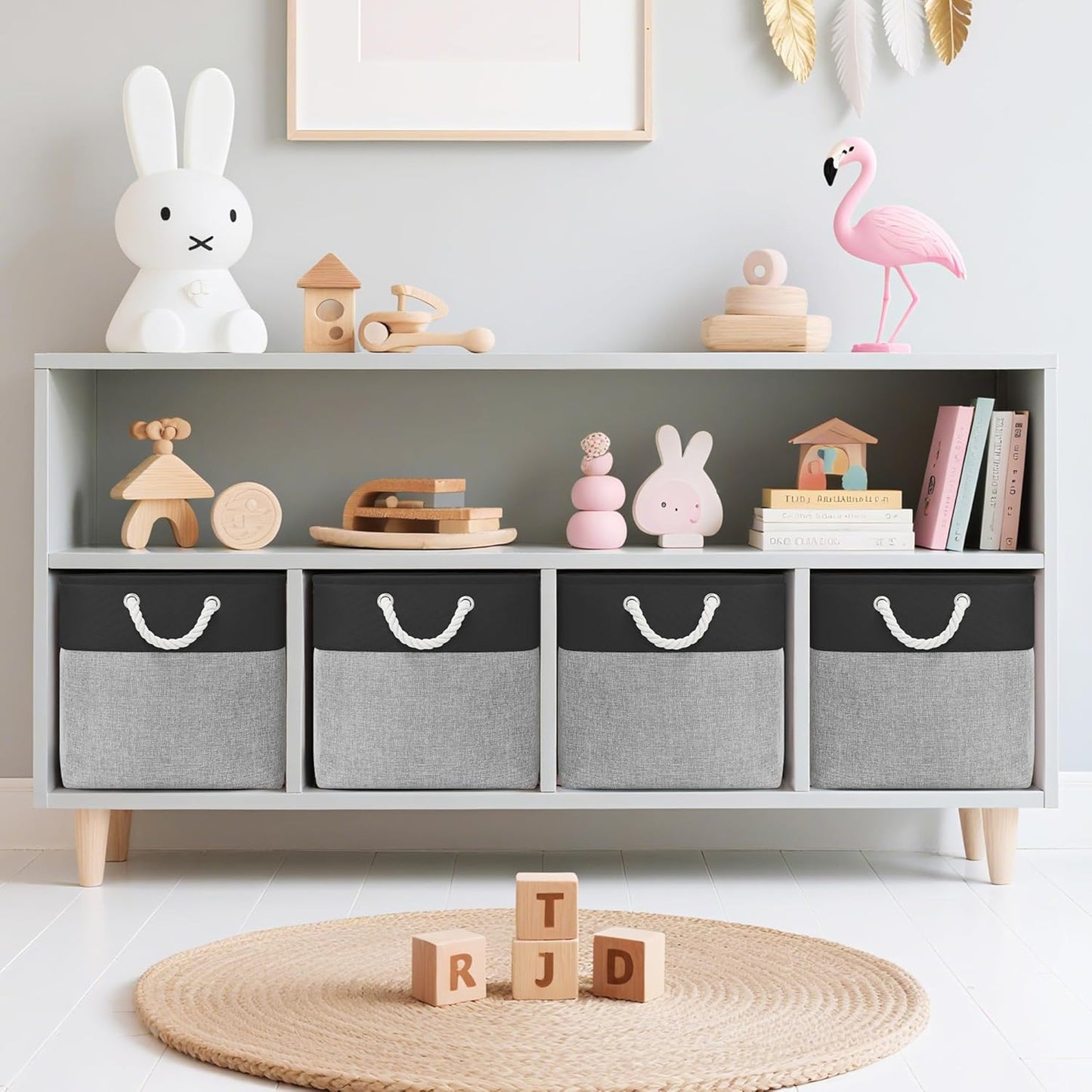 13x13 Inch Cube Storage Bins with Reinforced Bottom Cardboard, 6 Pack Large Collapsible Fabric Storage Cubes with Handles for Shelf, Closet, Toy, Laundry Organization (Black&Gray)