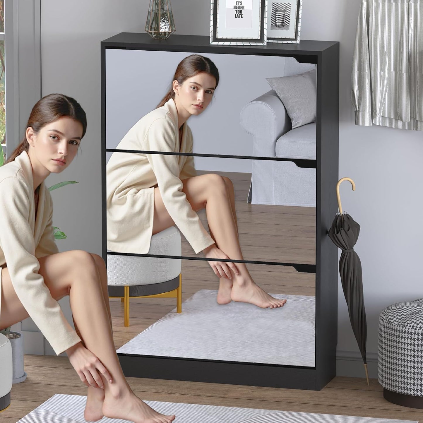 Shoe Cabinet with 3-Flip Mirror Drawers, Freestanding Shoe Rack Organizer with Hidden Handle, Slim Narrow Shoe Storage Cabinet for Entryway, Entrance, Hallway, Bedroom