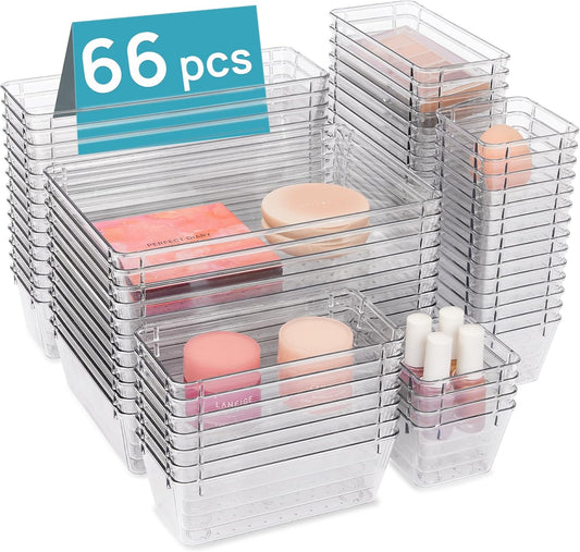 Vtopmart 66 PCS Clear Plastic Drawer Organizer Bins, 4-Size Versatile Bathroom and Vanity Organizer Trays, Acrylic Storage Containers for Makeup, Jewelry, Toiletry, Kitchen Utensils and Office Supply
