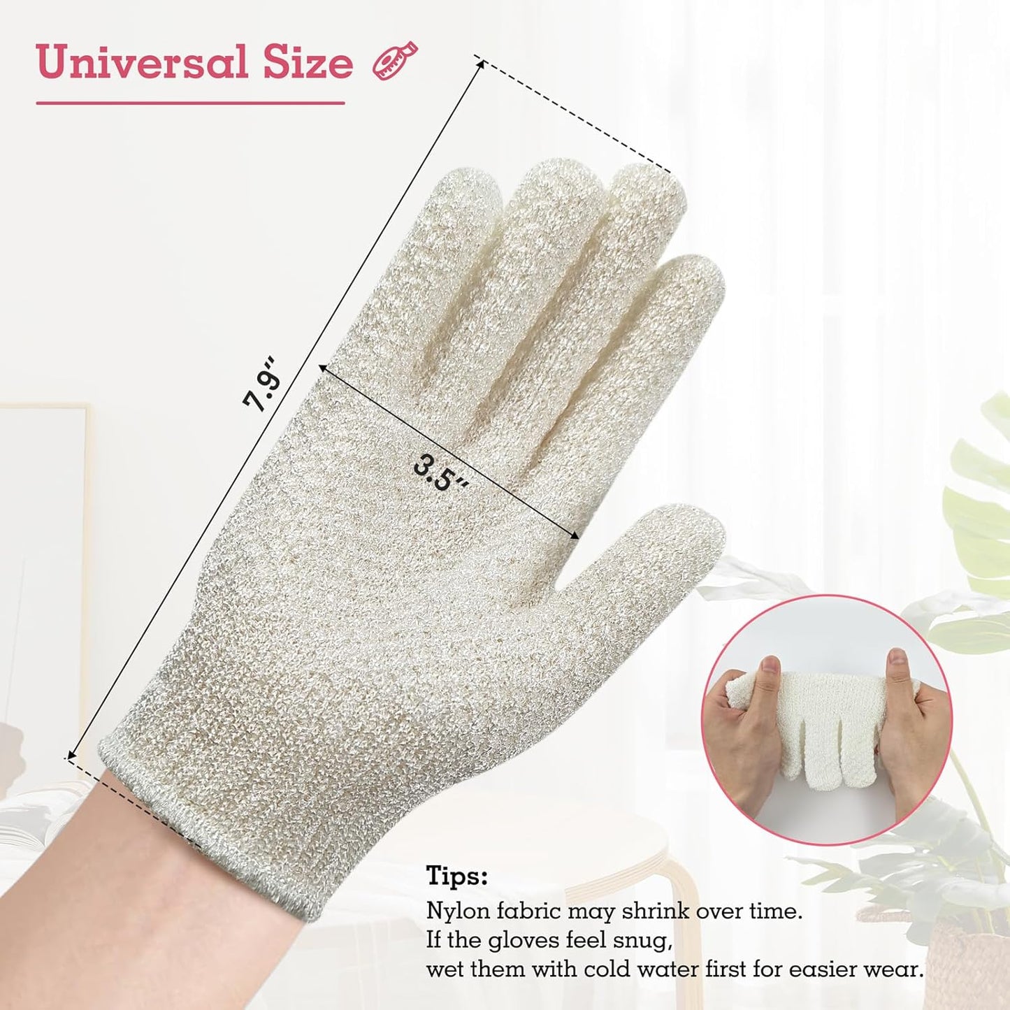 Evridwear Exfoliating Gloves for Shower, 100% Nylon Thick Soft Medium Heavy Bathing Gloves Dead Skin Remover Body Scrubber Smooth Skin with Hang Loop, 2 Pairs Light White