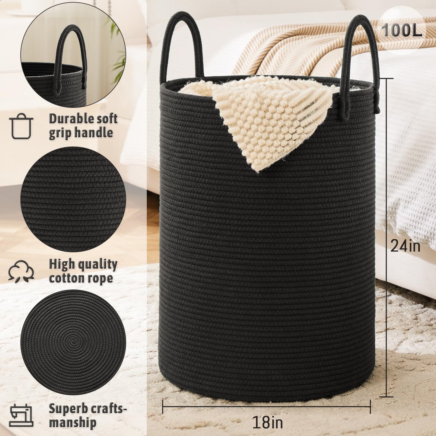 Laundry Basket,Woven Cotton Rope Laundry Hamper,100L for Decorative Storage of Dirty Clothes,Toys and Blankets in Bathroom,Baby Room and Living Room