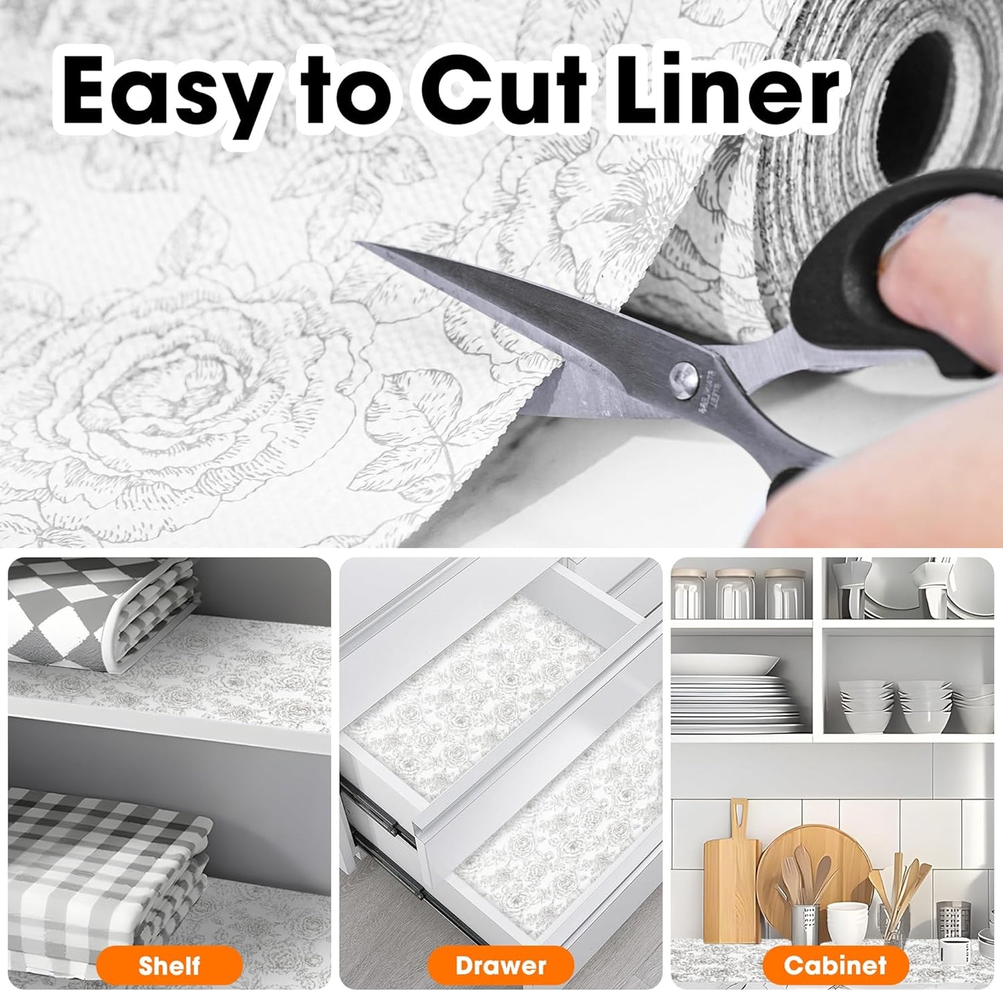 Drawer and Shelf Liner for Kitchen Cabinets Non-Adhesive, Non-Slip Cabinet Liner Shelf Paper Strong Grip Waterproof Easy to Clean for Kitchen Shelves Cupboard, Flower,23.6IN X 10FT