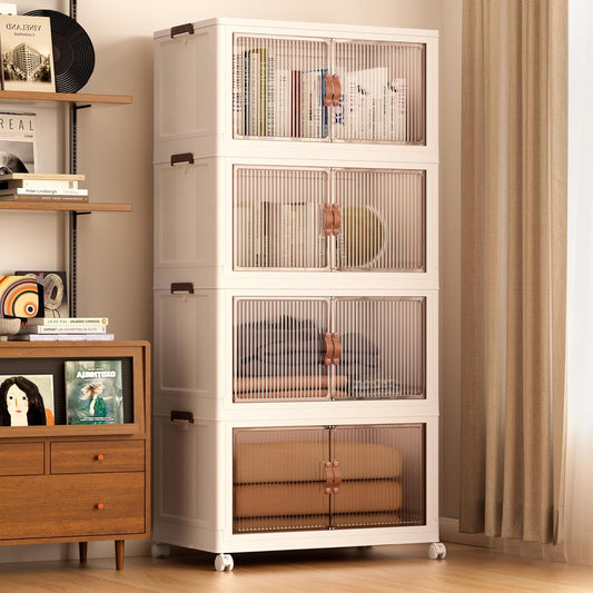 Jalove 120Gal Large Storage Bins with lids, 480QT Plastic Stackable Storage Containers with Wheels, Collapsible Closet Organizer and Storage Drawers,Clothes Organization for Cabinet Home, 4Pack White