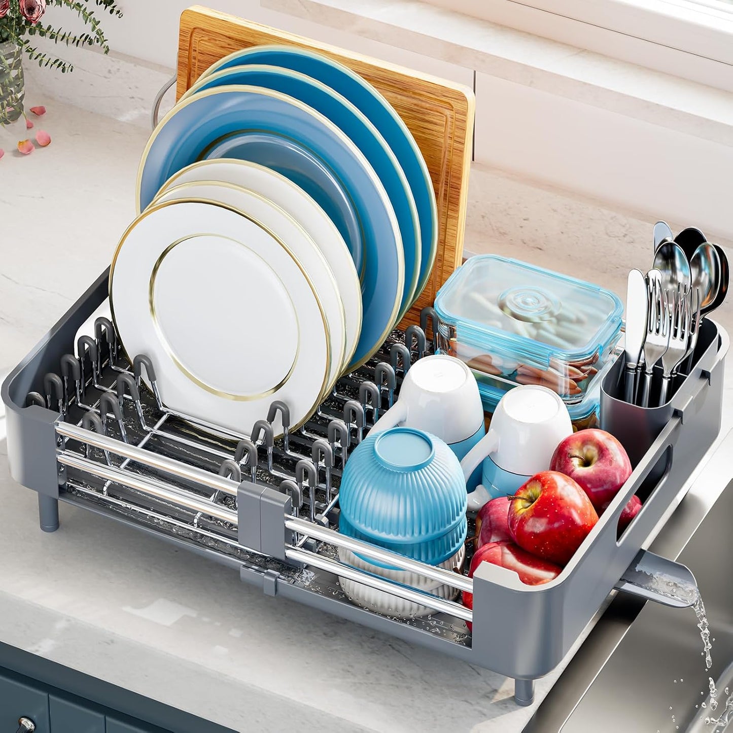 Dish Racks for Kitchen Counter, Dish Drying Rack - Stainless Steel Dish Drainer, Sink Drying Rack with Cutlery Holder, Dishes Organiser and Storage Rack, Gray