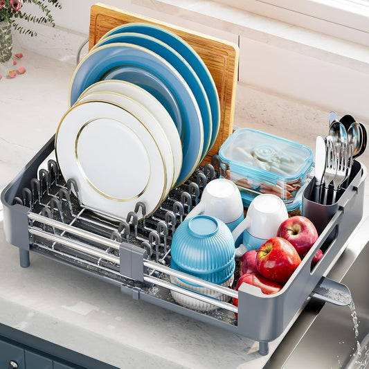 Dish Racks for Kitchen Counter, Dish Drying Rack - Stainless Steel Dish Drainer, Sink Drying Rack with Cutlery Holder, Dishes Organiser and Storage Rack, Gray