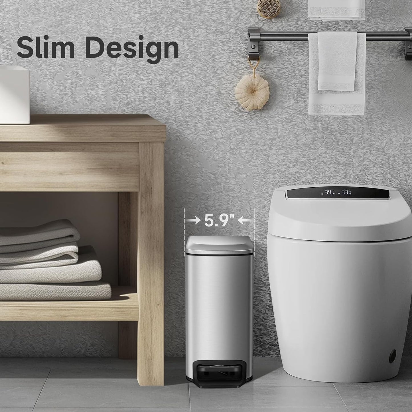 TIPGO Slim Bathroom Trash Can with Lid Soft Close, Step Pedal, 6 Liter / 1.6 Gallon Stainless Steel Trash Bin, Small Garbage Cans for Bedroom, Office, Kitchen (Silver)