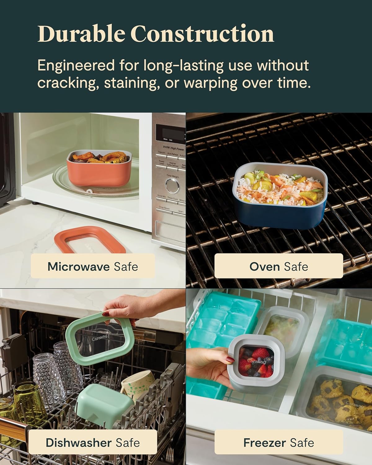 Caraway 6pc Food Storage Container Set - 1.75 Cup Glass Storage Container for Food (6) - Non-Toxic Ceramic-Coated Glass - Air Release Technology - Compact & Stackable Design - Mist