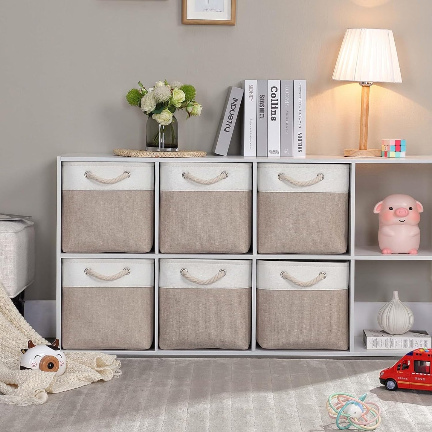 Mangata Canvas Storage Boxes, 11 Inch Cube Storage Bins Set of 6, Fabric Baskets with Cotton Rope Handle for Organizing Clothes Nursery Home (Khaki/White)