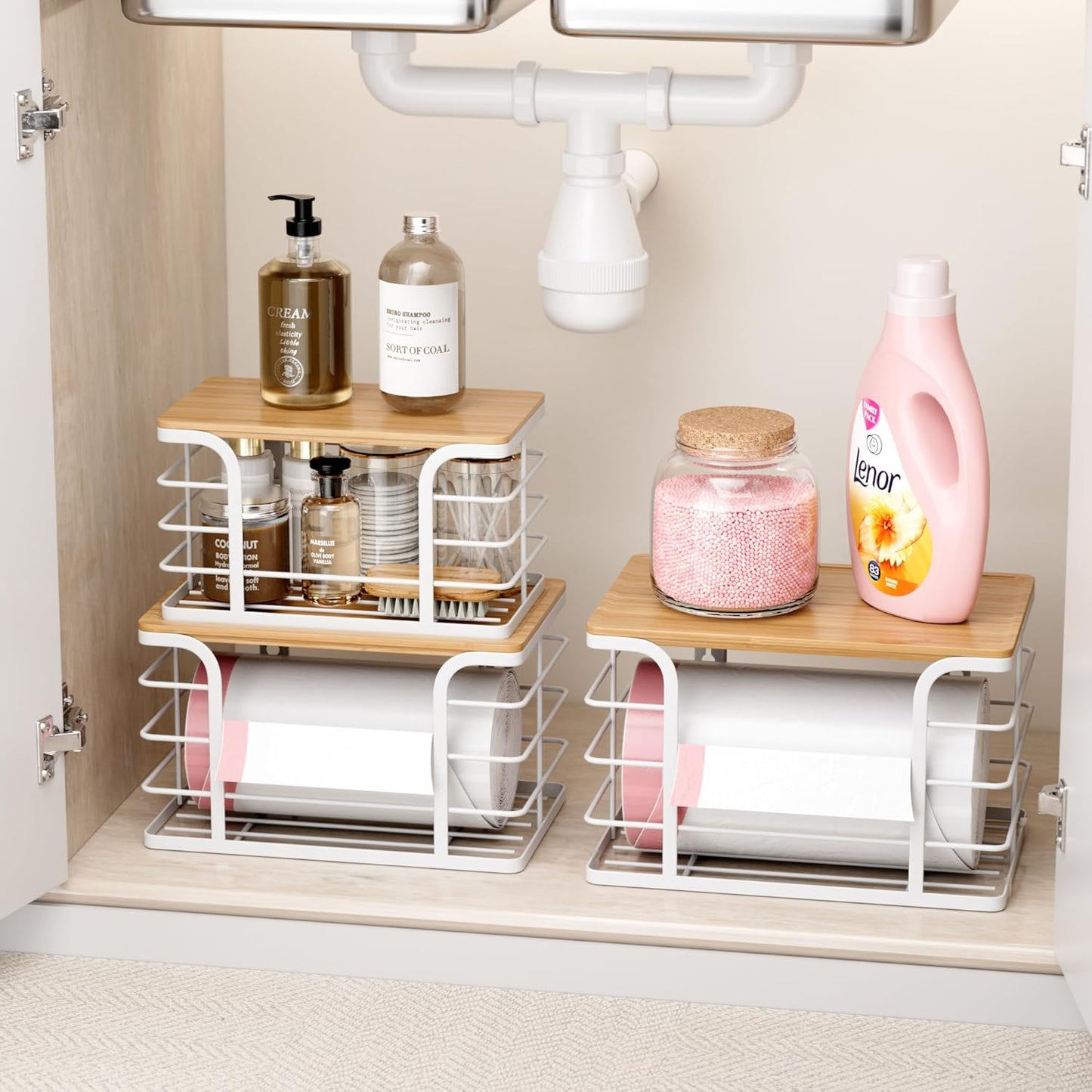 3 Pack Stackable Pantry Organizer,Stainless Steel Trash Bag Holder Dispenser,Kitchen Storage Organization for Kitchen Counter Sink,Laundry Room,Pantry, White