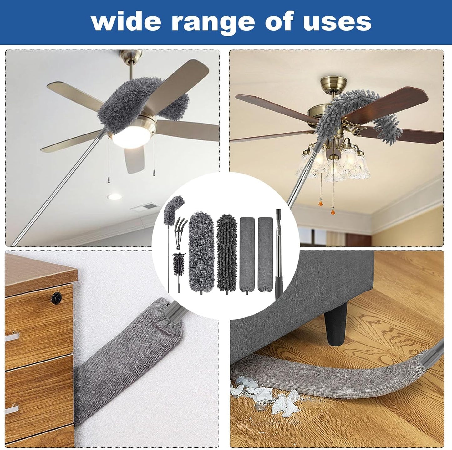 FUUNSOO Microfiber Feather Duster, Duster with Extension Pole 30-100 Inches,Ceiling Fan Cleaner Duster Retractable Gap Dust Brush Cleaner for Cleaning Cobweb,High Ceiling,Blinds, (Dark Gray)