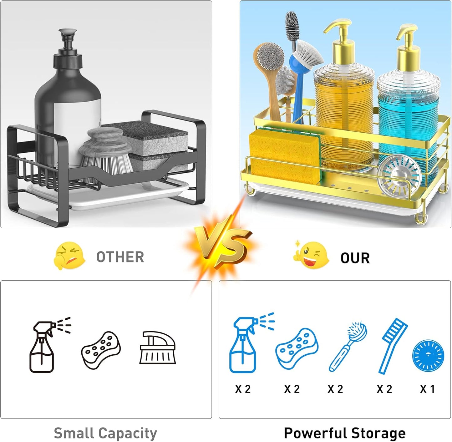 Cisily Kitchen Sink Caddy, Gold, Unisex, 5.3 in Wide, 9.49 in Long, 4 Storage Spaces, Stain-Resistant Tray, Anti-Rust, Easy to Clean