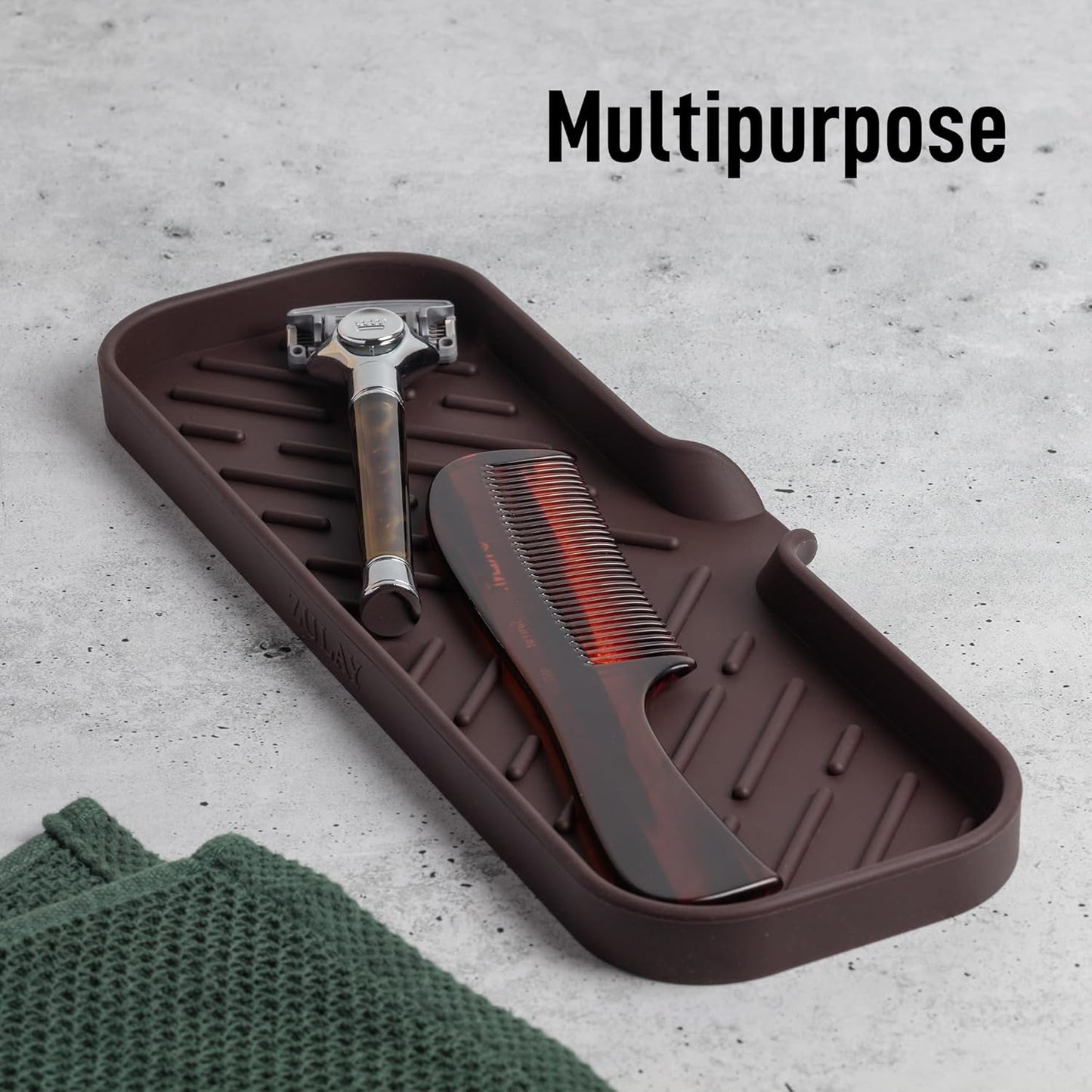 Zulay Large Silicone Sponge Holder (12x4) – Flexible Sink Organizer Tray for Kitchen & Bathroom – Multipurpose Soap Dish for Sponges, Makeup, Trinkets & More (Chocolate)