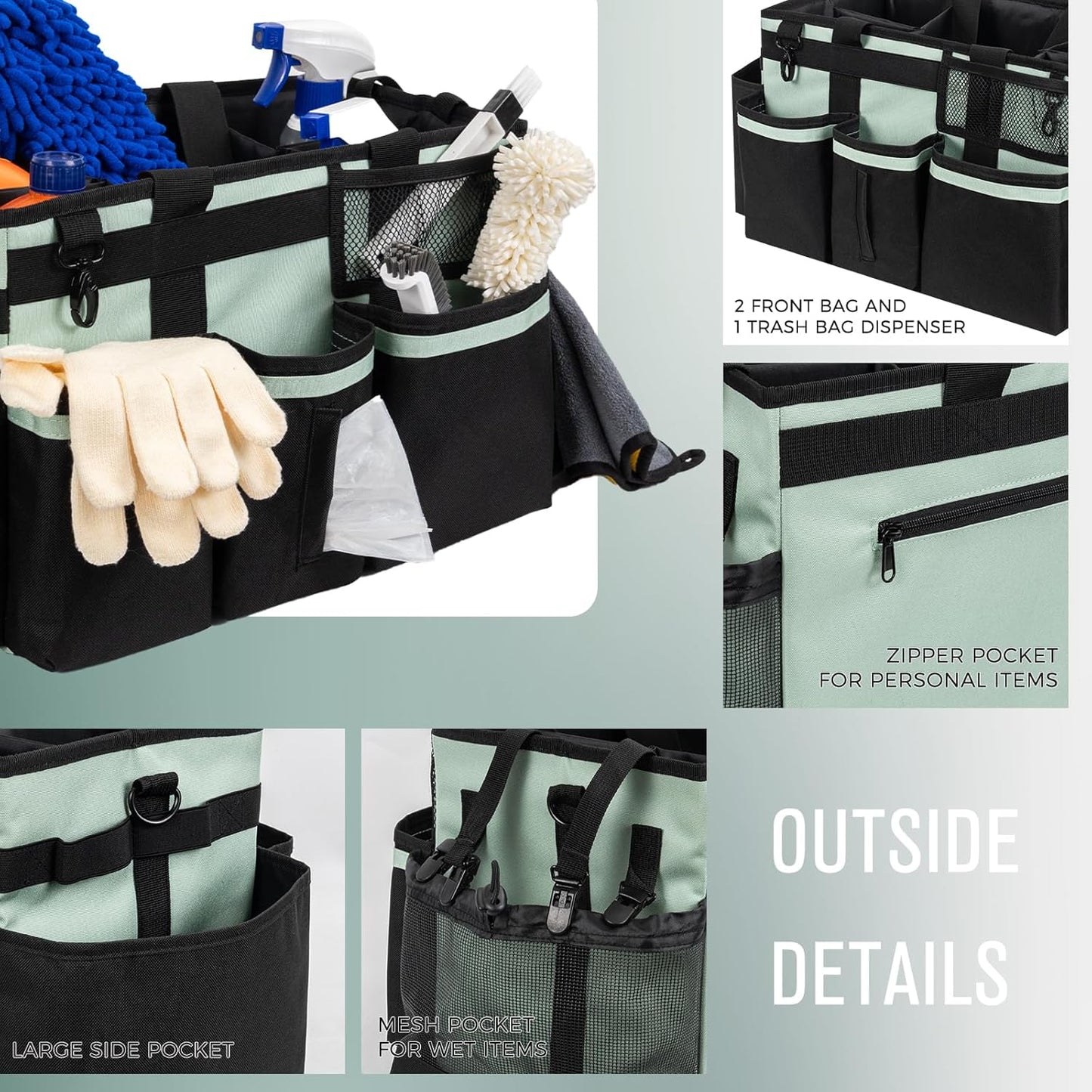 Wearable Cleaning Caddy, Cleaning Caddy Supplies Organizer with Handle & Shoulder Straps for Housekeepers, Under Sink & Car Cleaning Tool Organizers Bag with 4 Foldable Divider (Celadon)