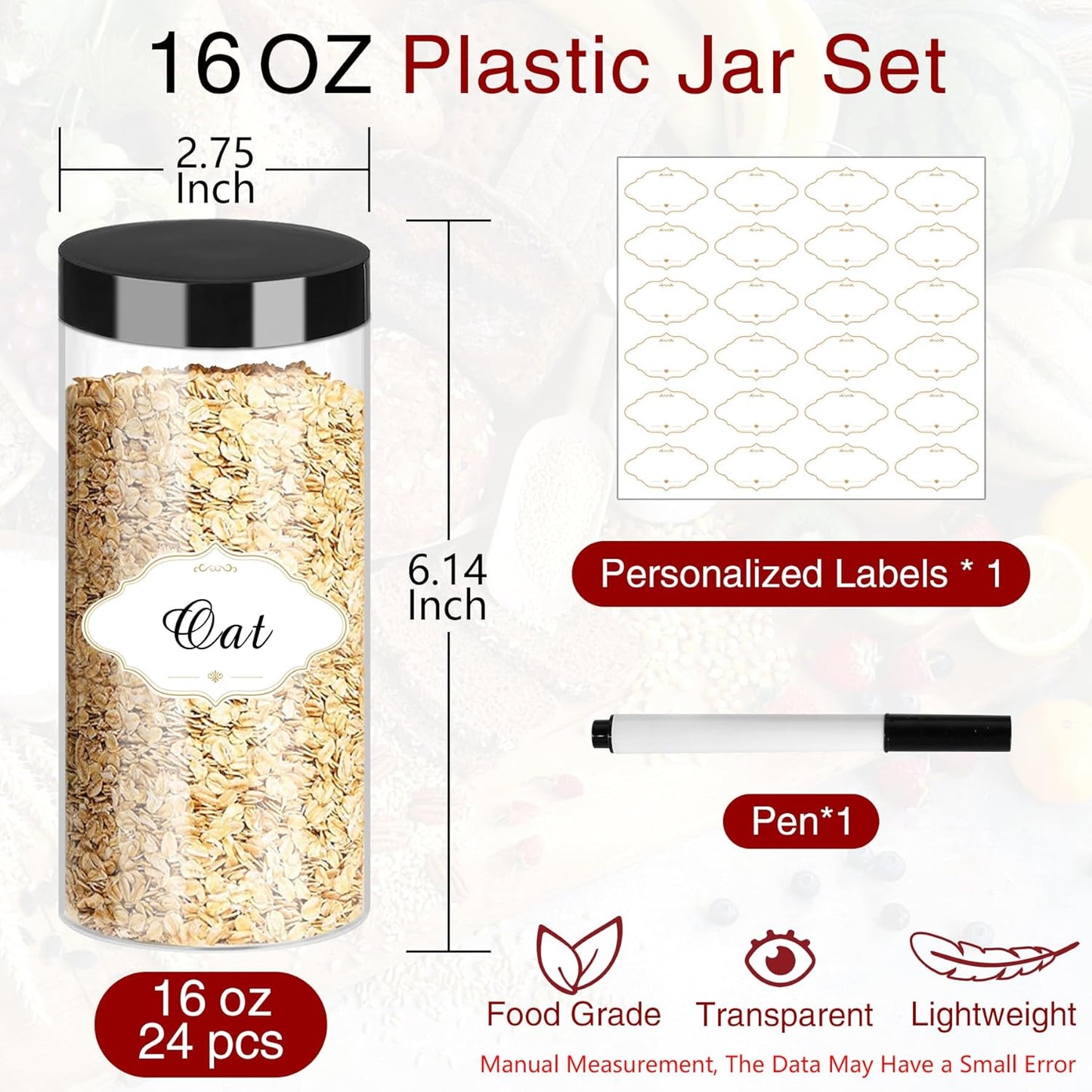 Plastic Jars with Lids 16 OZ, Plastic Jars 24 Pcs Slime Containers with Airtight Screw On Lids Leak Proof Clear Storage Containers Jar Empty for Kitchen & Household Food Storage