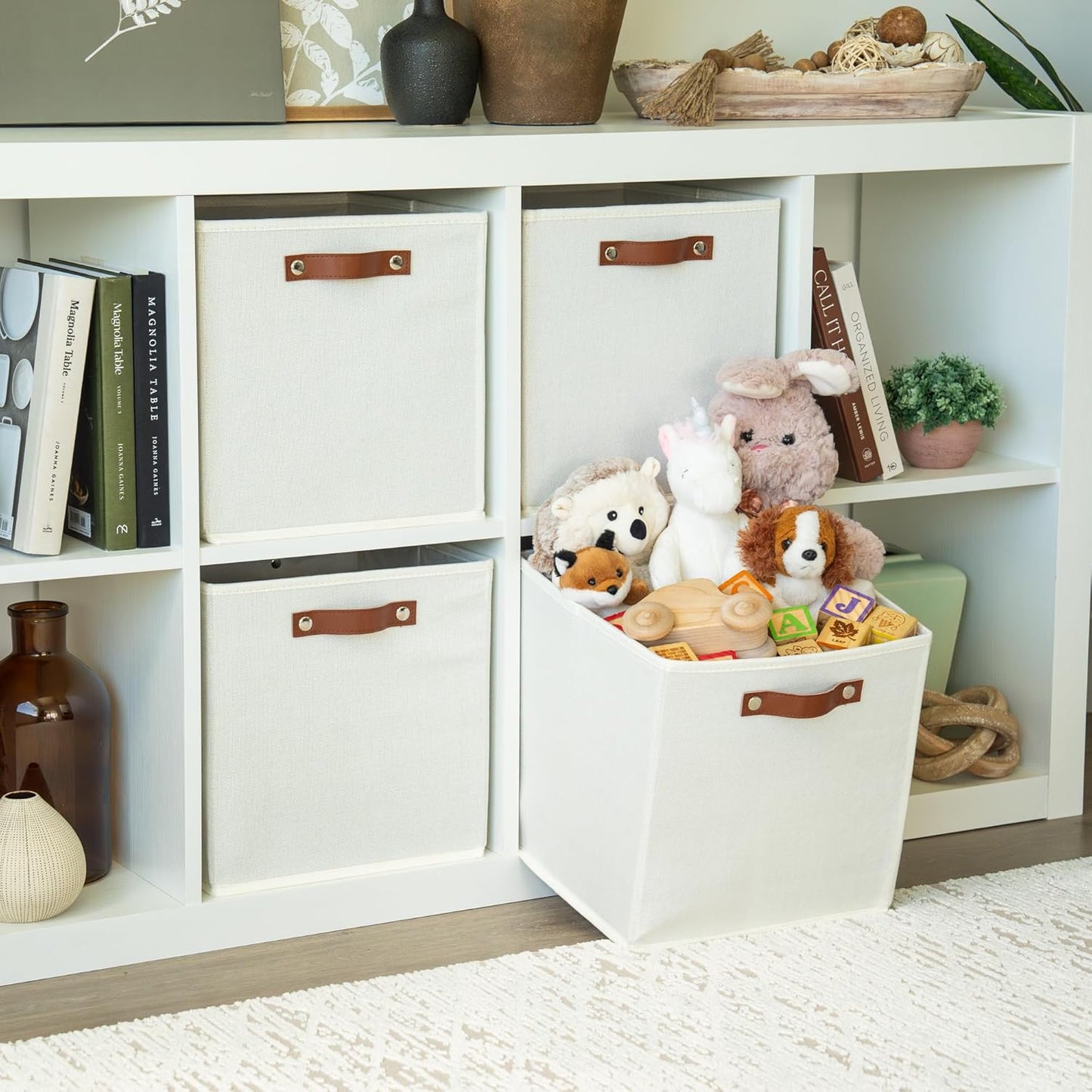 OrganiHaus White 12x12 Fabric Storage Bins - Set of 4, Cube Fabric Organizer Bins with Vegan Handles, Kallax Storage Cubes, Cubbies Organizer Boxes, 12Inch Cubic Baskets for Shelves