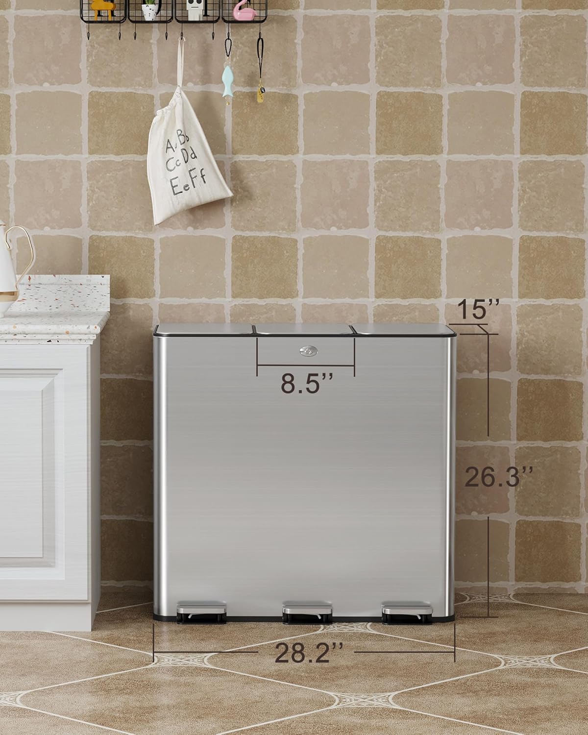 3 x 7.9 Gal (3 x 30L) Trash Can, Stainless Steel Triple Compartment Step-On Recycling Bin with Soft-Close Lids & Removable Plastic Inner Buckets for Kitchen, Home, Office