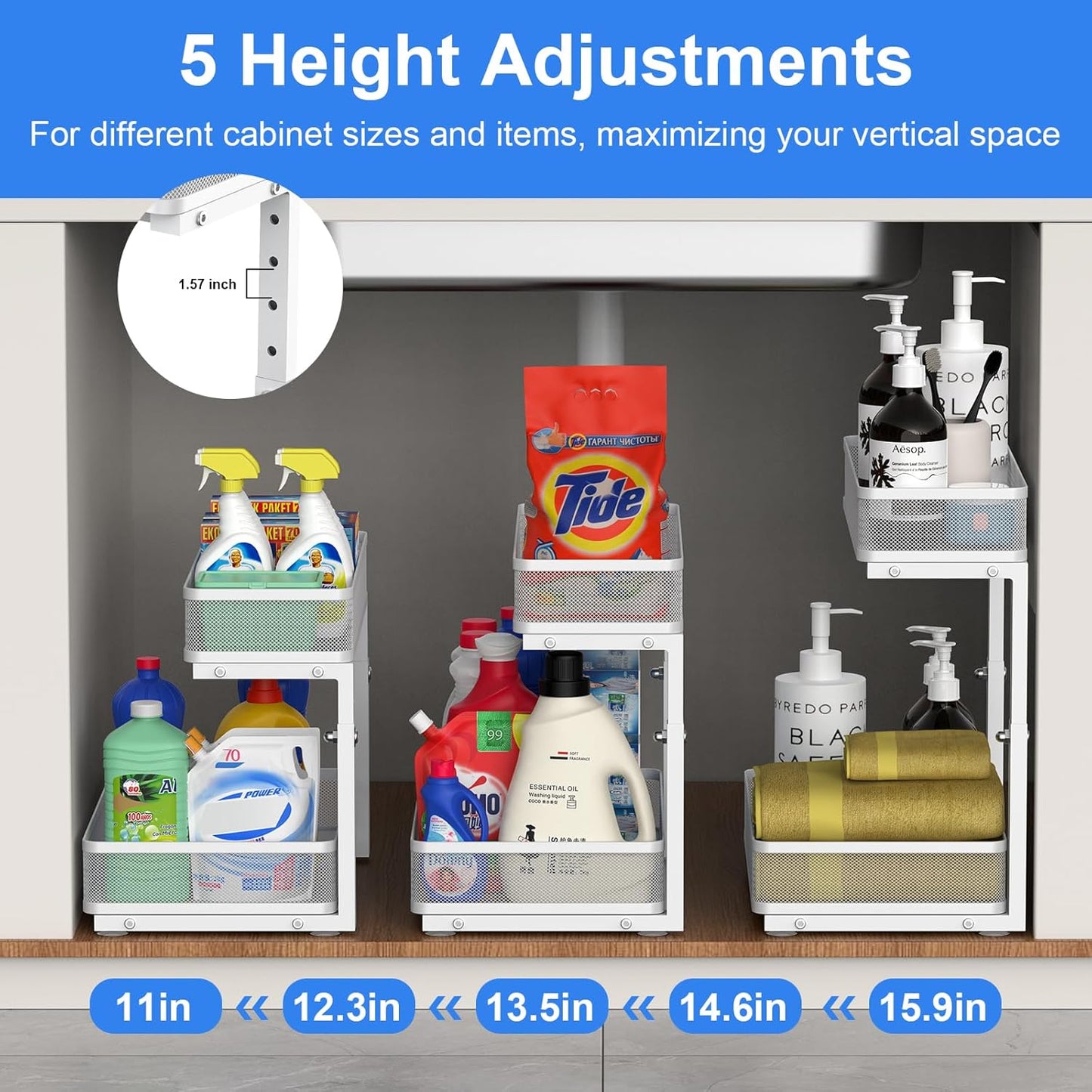 Under Sink Organizer, High Adjustable 2 Tier Under Sink Organizers and Storage, Slide Out Metal Cabinet Organizers, Pull Out Storage Drawer Shelf for Kitchen Bathroom Cabinet, White, 2 Pack