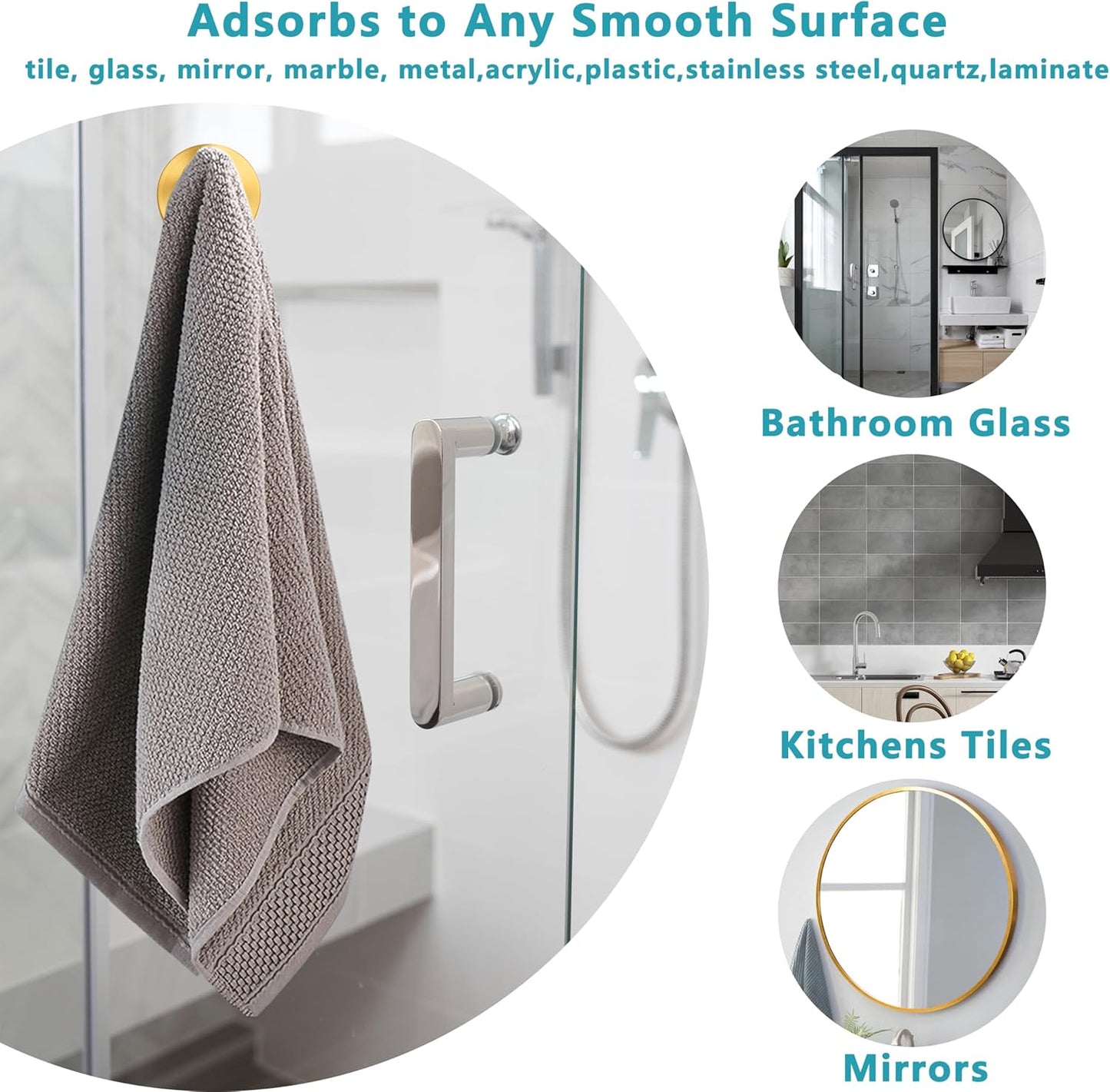 Suction Cup Hooks for Shower,Wreath Hanger for Front Door,Removable No Drill Towel Loofah Hooks,Upgraded 15 lbs Strong Suction for Bathroom,Wall,Glass,Stainless Waterproof-Black Gold 4 Pcs