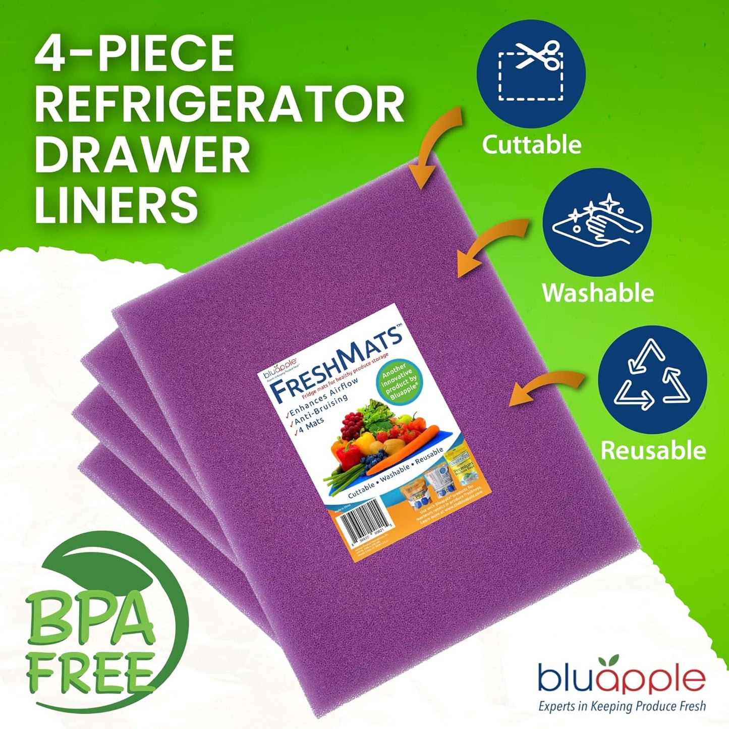 Bluapple FreshMats, Refrigerator Liner, Fridge Drawer Mats, Crisper Life Extender Liner Keeps Produce Fresh Longer, Anti-Bruising, Helps Air Circulation, Washable & Reusable (4-Mats, 12x15, Lavender)