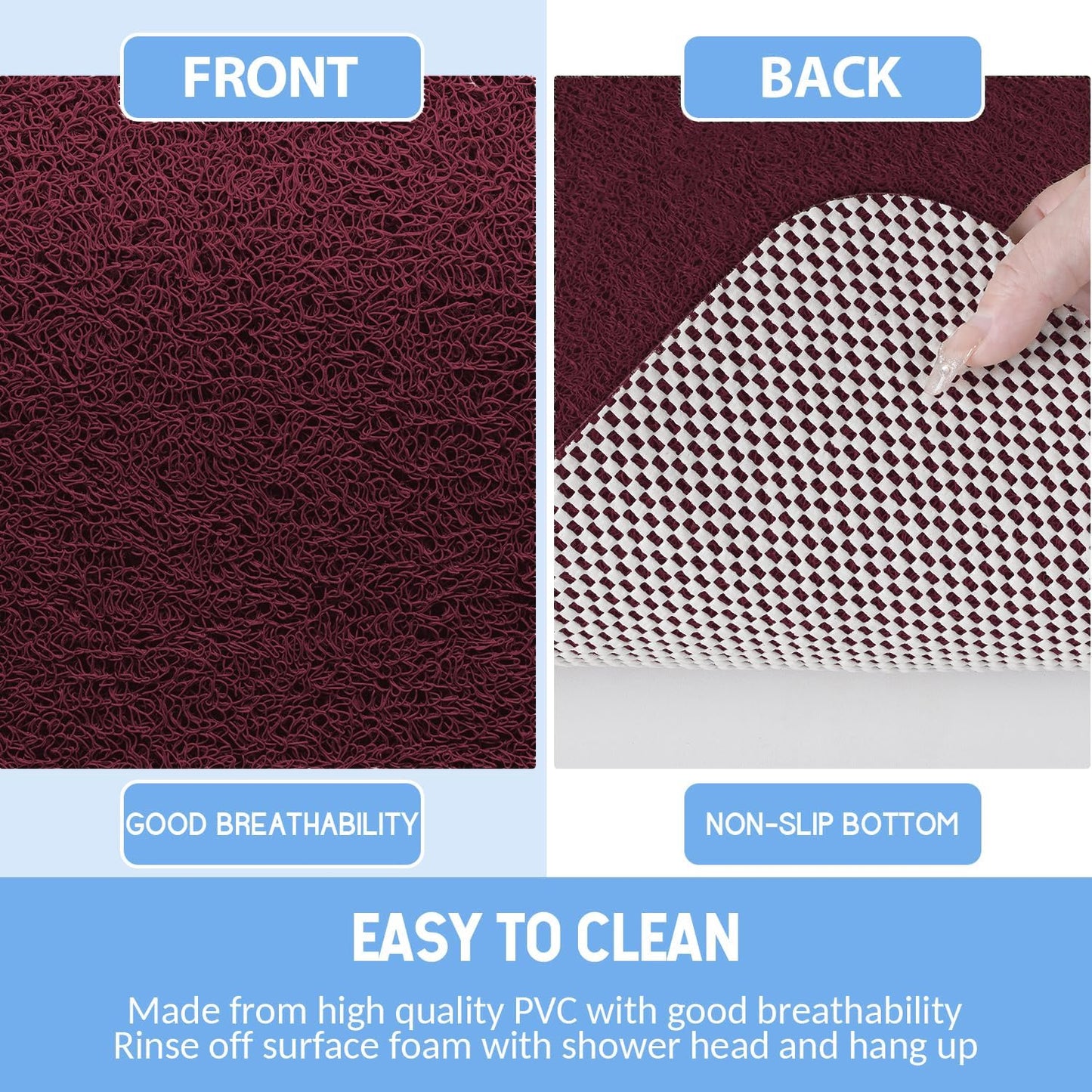 Non-Slip Bathtub Mat, Anti Slip Shower Mat, Fast Drying Bathtub Mats, Foot Scrubber Mat, Anti Slip Mat for Tub, Floor, Bathroom, Kitchen, Home, Hotel (Wine Red 40"×16")