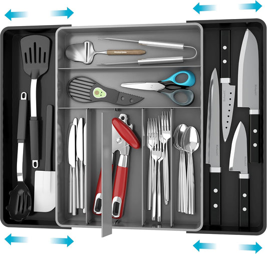 Simple Houseware Expandable Kitchen Drawer Flatware Organizer, Black/Gray