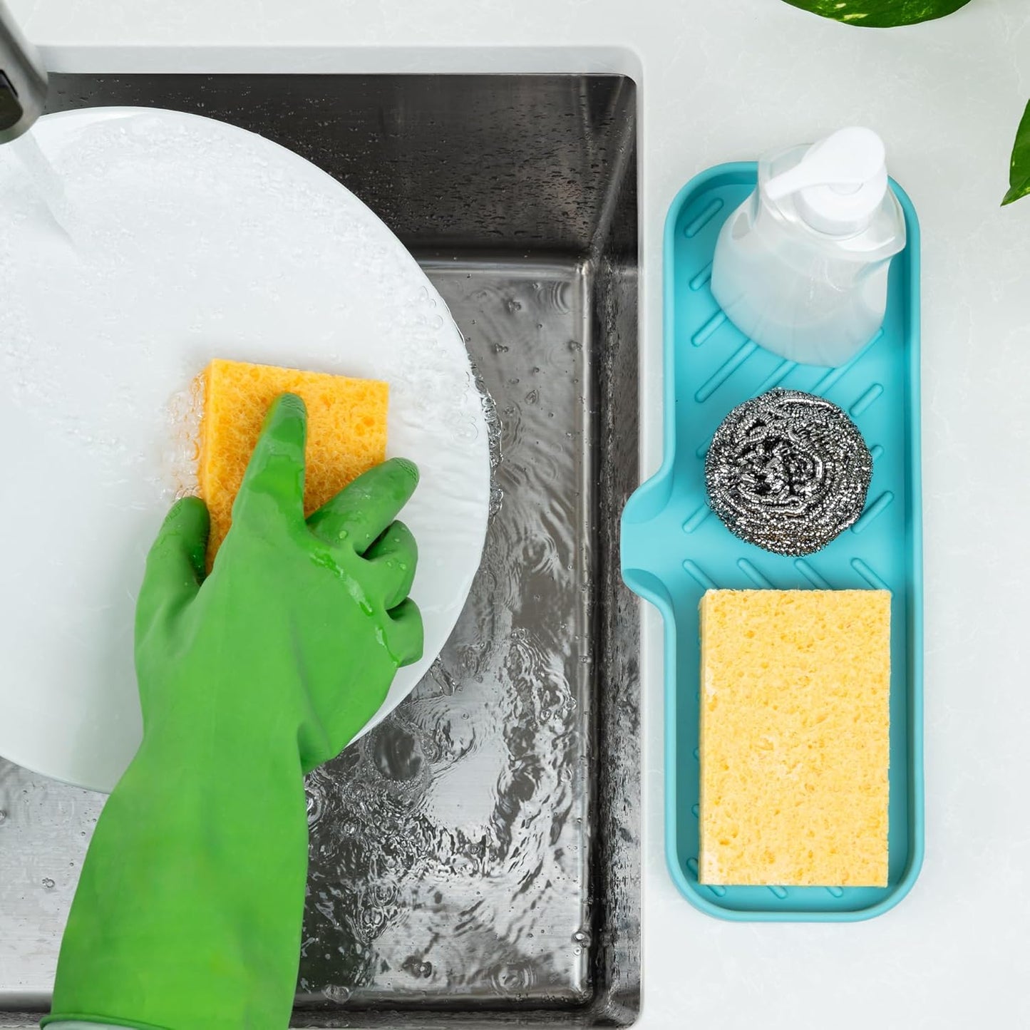 Zulay Large Silicone Sponge Holder (12x4) – Flexible Sink Organizer Tray for Kitchen & Bathroom – Multipurpose Soap Dish for Sponges, Makeup, Trinkets & More (Aqua Sky)