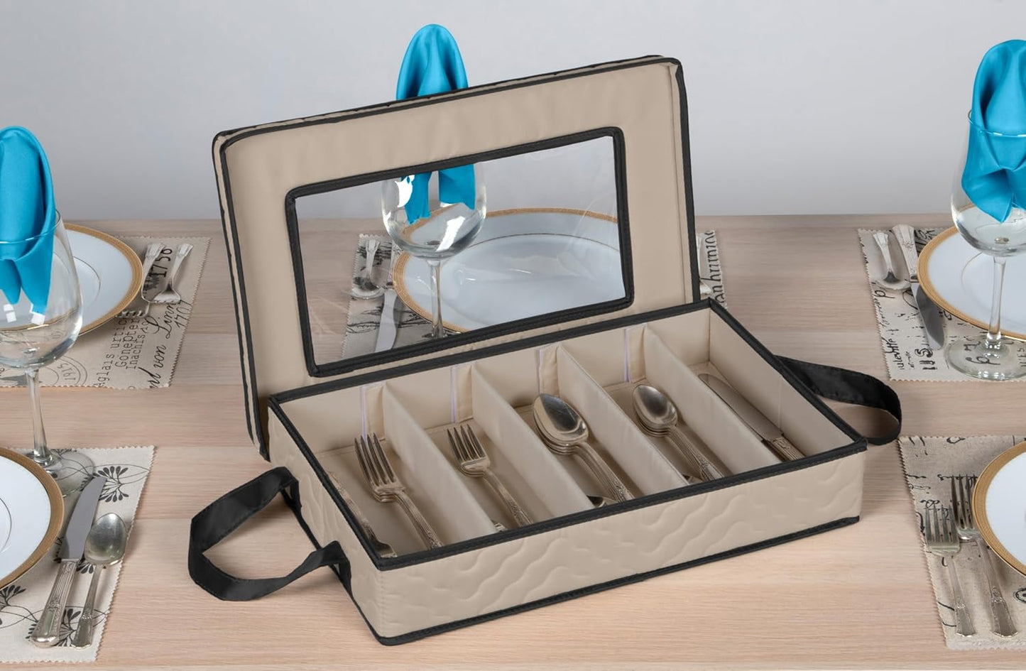 Flatware Storage Case - Durable 5 Compartment Silverware Storage Container Box with Removable Lid and Easy to Carry Handles - Large Capacity Keeps Your Cutlery Organized & Protected - Brown
